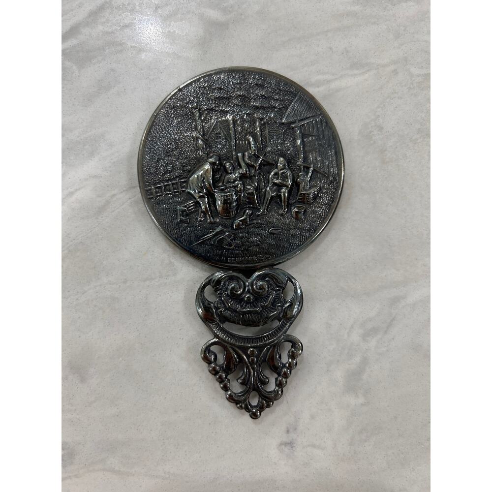 Silver-plated hand mirror, Hans Jensen Denmark, tavern/celebration scene